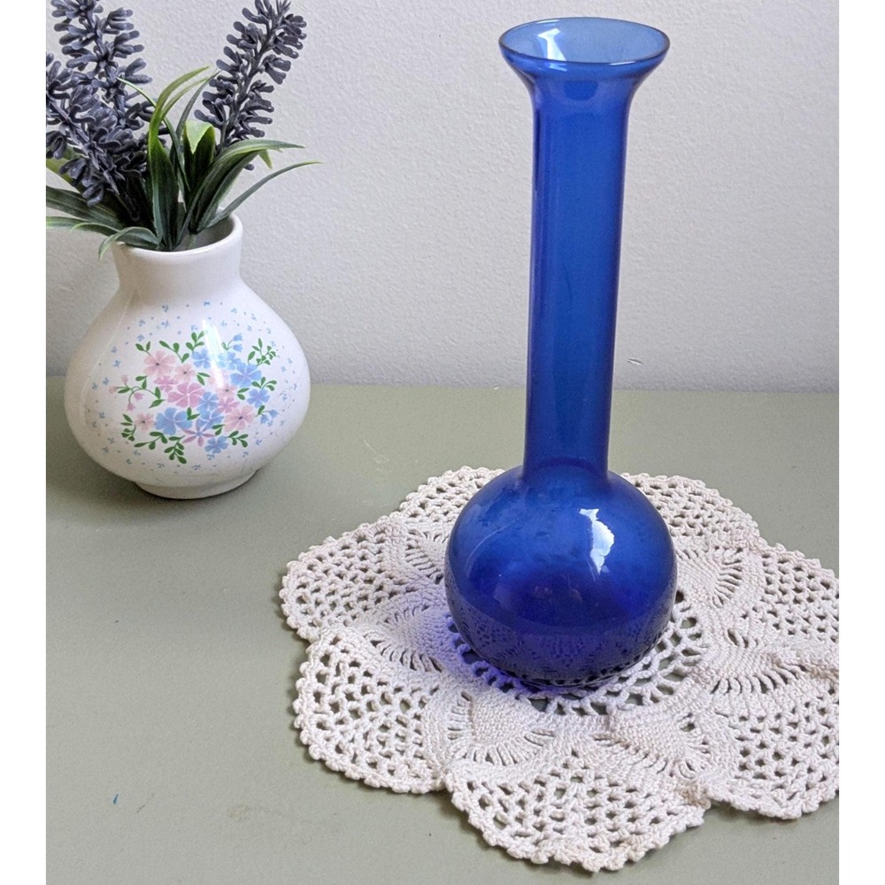 Vintage Cobalt Blue Glass Bud Vase, Tall Bottle Vase, Minimalist Decor
